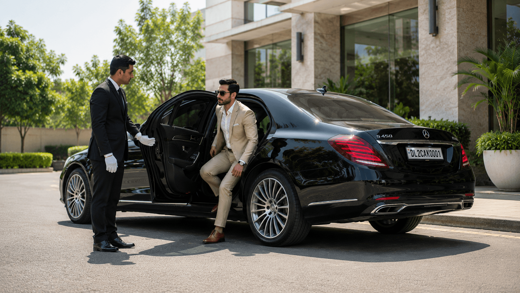 Mercedes chauffeur opening the door for a guest